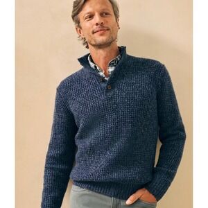 Faherty Brand Mens Wool Cashmere Blue Marled Mock Neck Button Sweater Size M